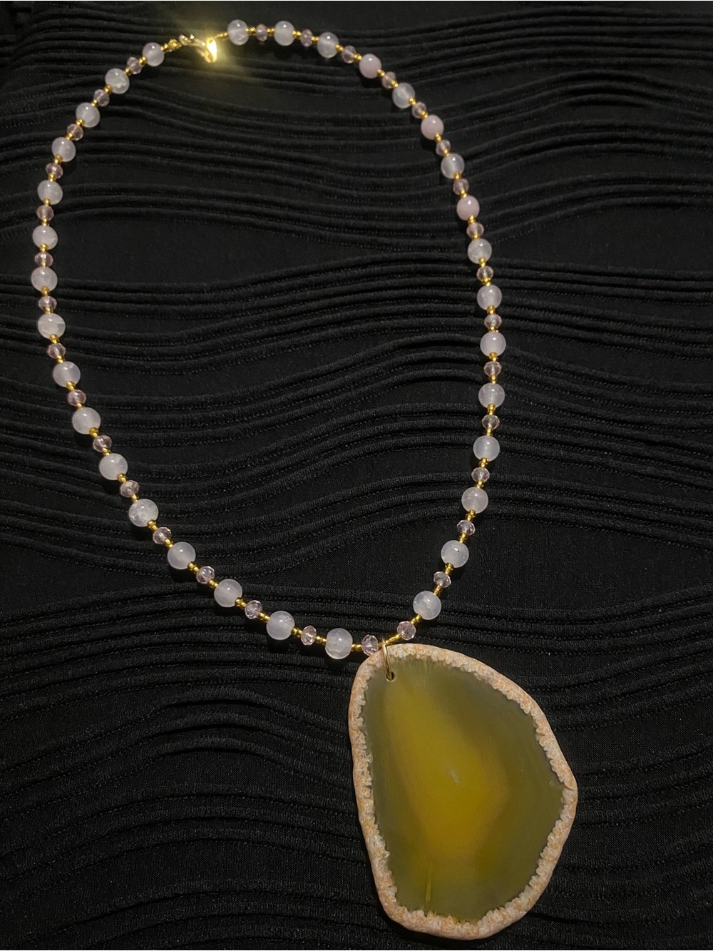 Rose Quartz and pink crystal Beaded Necklace with Pink/Yellow Agate Pendant
